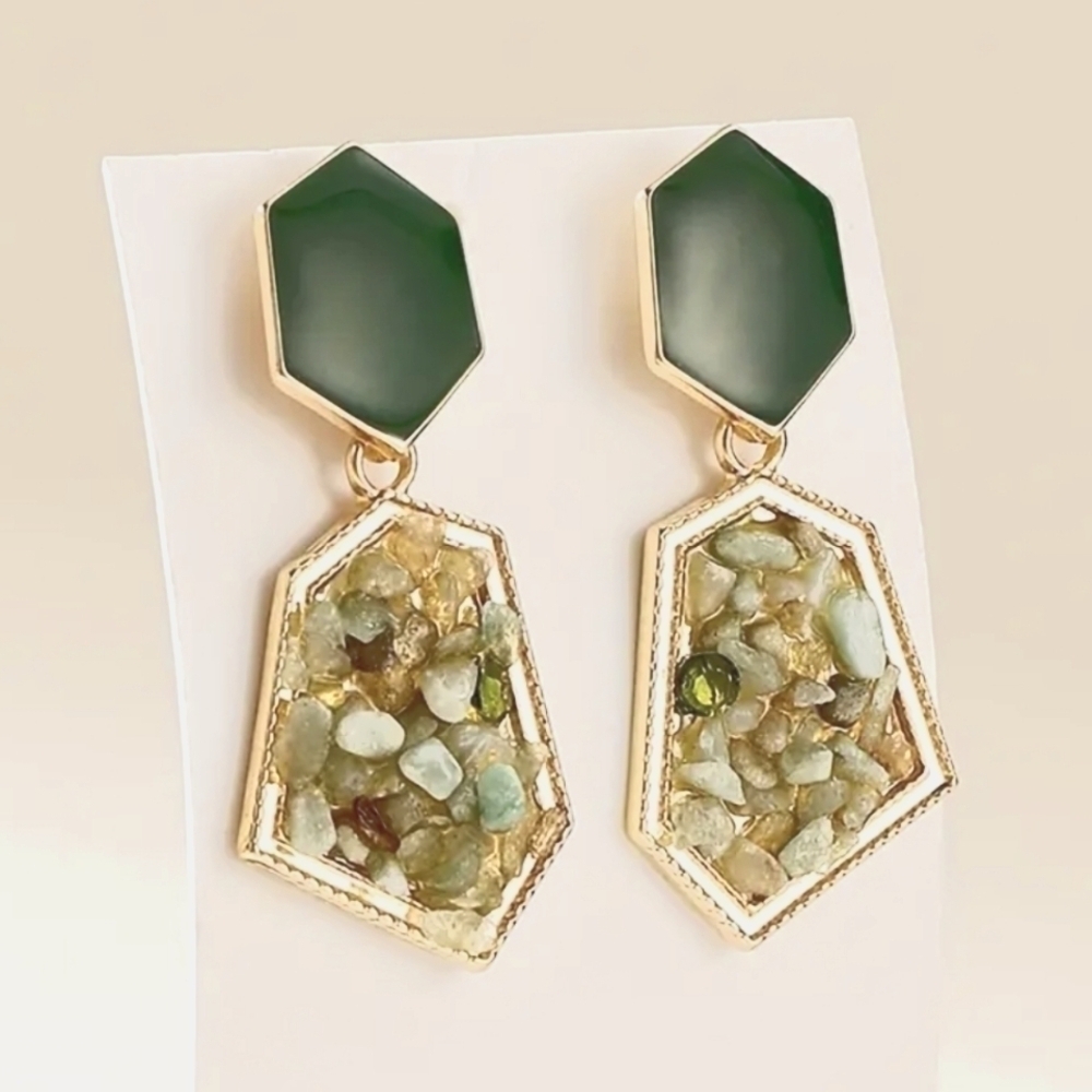 Hexagon Avocado Green Dangle Earrings With Artificial Crystal Decor Retro
